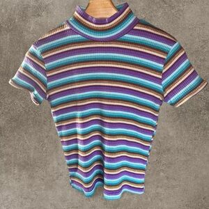 90s Y2K Striped Ribbed Mock Neck Tee (S)